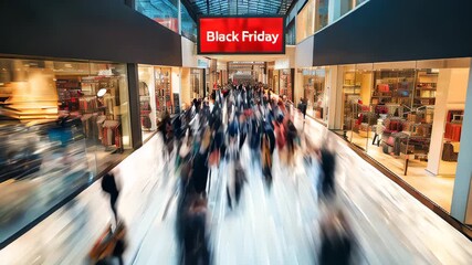 Slow motion video of Black Friday Frenzy at Shopping Mall, Crowds Seeking Deals, Dynamic Retail Atmosphere
