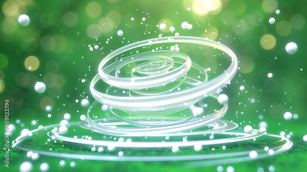 Poster spiral abstract background with floating light particles. dynamic swirls and vibrant green backdrop 