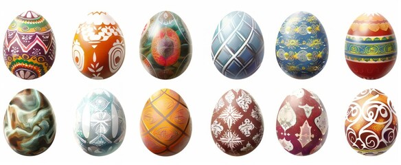 Colorful Decorative Easter Eggs Displayed on a White Background for Spring Celebration
