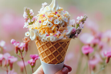 Fashion food set of Ice cream cone with flowers. Minimalist design.