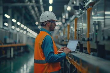 A man in a safety vest is working on a laptop in a factory. Concept of productivity and focus, as the worker is using technology to complete his tasks. The bright orange vest