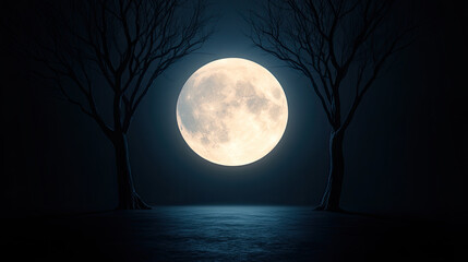 Fototapeta premium A breathtaking full moon illuminating a dark night, framed by silhouetted trees, creating a serene and magical atmosphere.