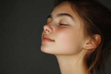 A close up of a girl's face with her eyes closed