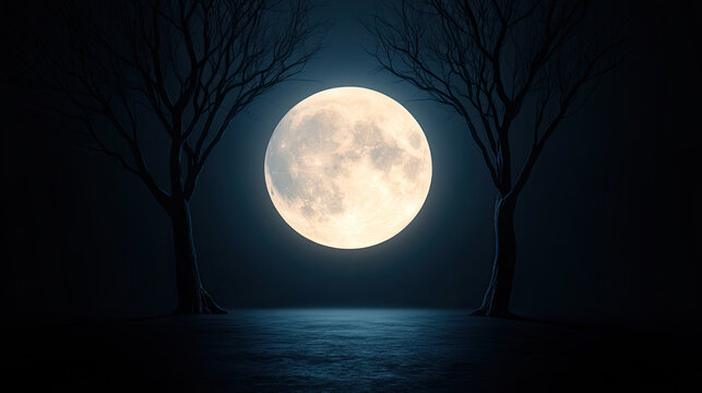 A breathtaking full moon illuminating a dark night, framed by silhouetted trees, creating a serene and magical atmosphere.
