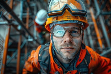 A man in an orange safety suit is wearing a hard hat and goggles. He is smiling and looking at the camera