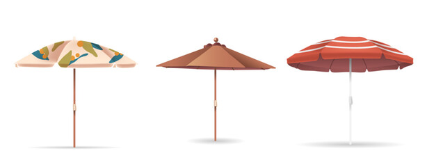 Obraz premium Beach Umbrellas In Different Colors And Designs. Perfect For Vacation, Summer, And Beach Themes, 3d Vector Image
