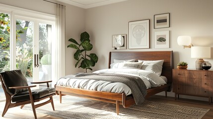 Fototapeta premium A modern bedroom with a vintage twist, featuring mid-century modern furniture, retro accents, and warm wood tones.