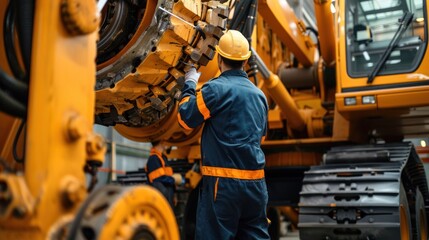 Heavy equipment mechanic in coveralls inspecting a crane's engine