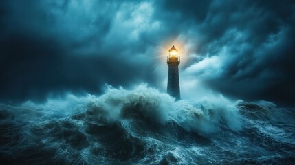 Lighthouse in the Tempest - A lighthouse braves the fierce ocean storm, its light piercing through the darkness and waves, symbolizing guidance and resilience. © jodoto