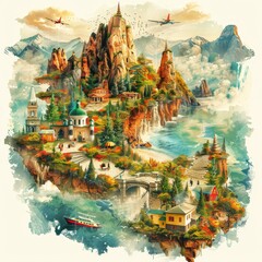 Fototapeta premium Watercolor Fantasy Island Landscape