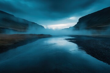 Obraz premium Icelandic hot springs with steam rising, with copy space