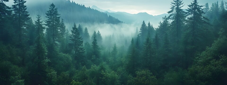 Fototapeta A dense forest shrouded in mist, with dark green trees standing tall against the backdrop of rolling hills