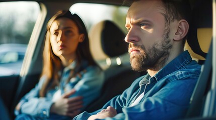 Annoyed couple sitting in a car in silence with arms crossed, avoiding eye contact after a heated argument.
