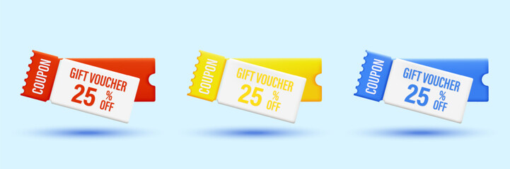 Set of 3d discount voucher 25% OFF coupon. Gift Voucher is red, blue, and yellow. Vector realistic coupon design for big sale, special offer, and discount voucher. Vector illustration.