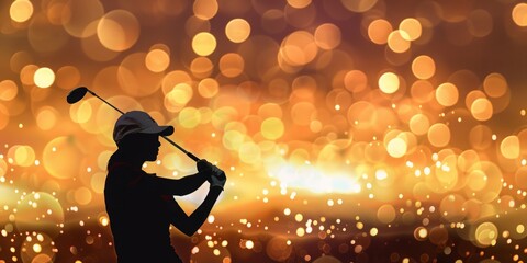 Elegant Female Golfer Silhouette with Glittering Bokeh Lights, Capturing the Fusion of Golf and Celebration in a Vibrant Night Scene