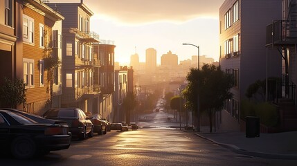 Fototapeta premium A peaceful city street at dawn, with cars parked along the road and buildings in the background.