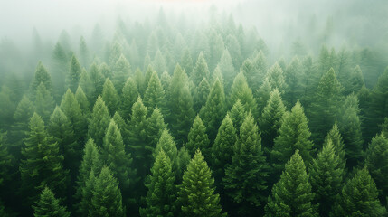 Fog over a green fir trees forest.