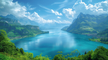 Obraz premium Top view of a big lake and mountains, blue sky and white clouds on the background. 