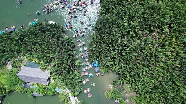 Drone view of Coconut Forest Basket Boat Ride in Hoi An, vietnam.