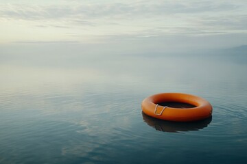 Obraz premium Life preserver floating on calm waters, insurace concept, with copy space