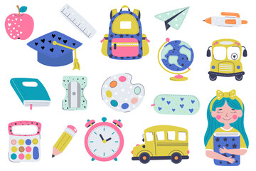 set of school icons, vector cartoon illustrations