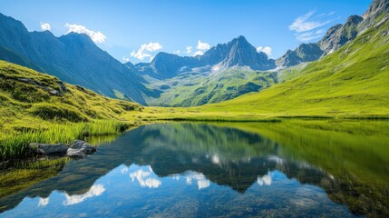 Breathtaking mountain view with a clear blue sky, lush green valleys, and a tranquil lake reflecting the natural beauty