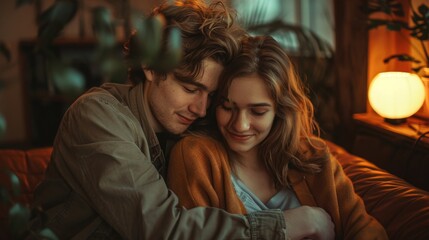 Obraz premium Loving Couple Embracing in Cozy Living Room with Simple Decor and Warm Tones