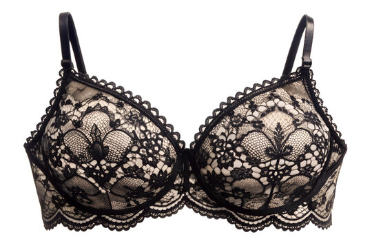Black lace pattern bra on isolated PNG background.