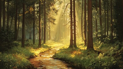 Fototapeta premium Forest landscape featuring tall trees, dappled sunlight, and a meandering stream creating a serene ambiance