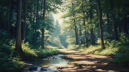 Obraz premium Forest landscape featuring tall trees, dappled sunlight, and a peaceful stream creating a serene ambiance