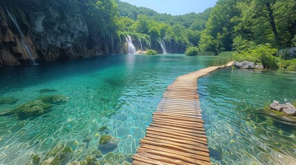 Obraz premium Serene Waterfall Lake with Wooden Pathway