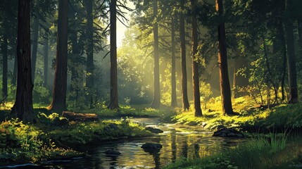Obraz premium Forest scenery featuring tall trees, dappled sunlight, and a gently flowing stream creating a serene atmosphere