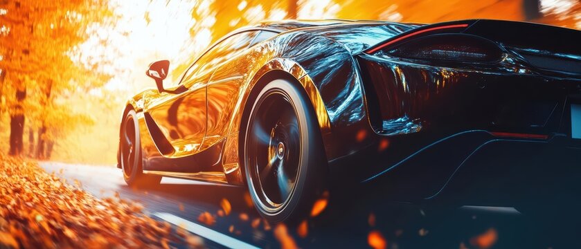 Amid the explosion of colors, a super sleek car gleamed under the sunlight filtering through the trees, promising an unforgettable driving experience, banner, with copy space