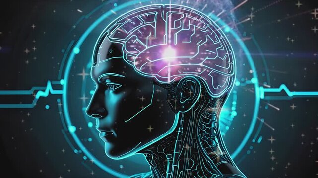 Human brain integrated with digital circuits and glowing pulse line. Neuroscience and technology concept