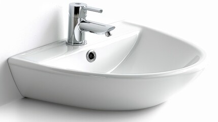 Fototapeta premium Modern White Ceramic Corner Sink with Dual Handle Faucet on White Background