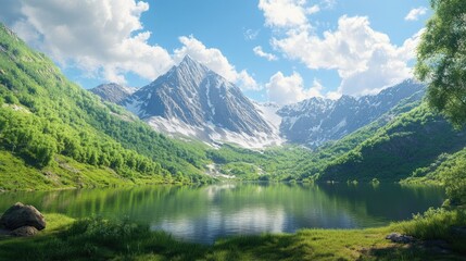 Fototapeta premium Majestic mountain scenery with lush green valleys, a clear blue sky, and a serene lake reflecting the breathtaking view