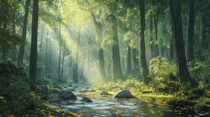Obraz premium Peaceful forest scene with towering trees, sunlight filtering through leaves, and a tranquil stream