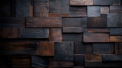 A wall of dark wood with different textures and tones, creating an elegant background for product photography