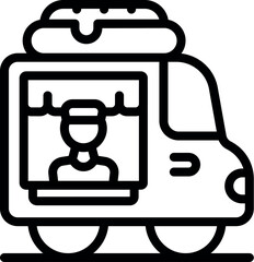 Line art icon of a food truck with a chef inside, preparing to sell food