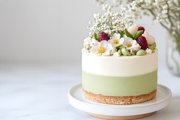 Matcha Green Tea Cake with Floral Decoration