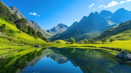 Scenic mountain landscape with green valleys, a clear blue sky, and a peaceful lake reflecting the majestic mountains