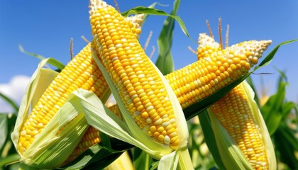 Golden Ears of Sweet Corn Growing in a Sunny Field on a Clear Day