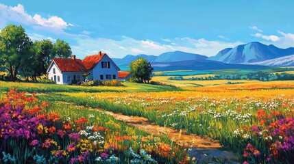 Scenic rural view of a quaint farmhouse, vibrant blooming fields, and distant mountains under a clear blue sky