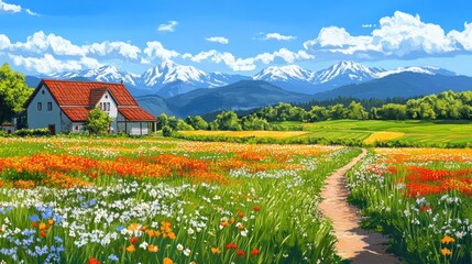 Scenic rural view of a quaint farmhouse, vibrant blooming fields, and distant mountains under a clear blue sky