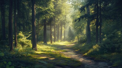 Obraz premium Serene forest view with tall trees, sunlight dappling the ground, and a gently winding stream