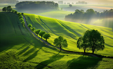 Obraz premium Scenic Green Fields with Winding Roads and Trees in Rolling Hills at Sunset - Nature, Landscape, and Countryside Serenity