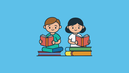 reading kids two kids reading quietly with stacks vector illustration