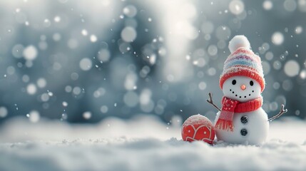 Obraz premium Snowman Wearing Red Hat and Scarf in Winter Wonderland With Snowflakes Falling