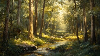 Obraz premium Tranquil forest landscape with towering trees, dappled sunlight, and a peaceful stream meandering through