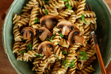 fusilli pasta, in creamy mushroom sauce, pasta with mushrooms, homemade, no people,